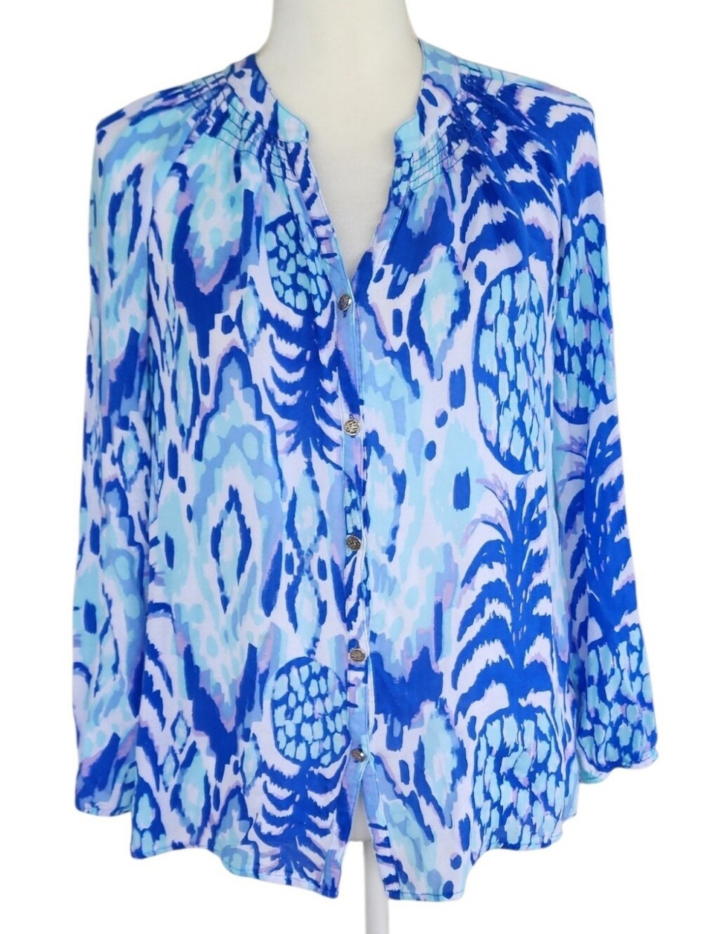 Lilly Pulitzer Blue Pineapple-Print V-Neck Blouse